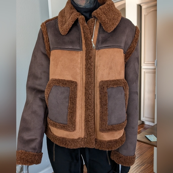 Mercer Collective Atlas Faux Shearling Jacket Cognac Dark Brown Size Large Nwt - Picture 1 of 11